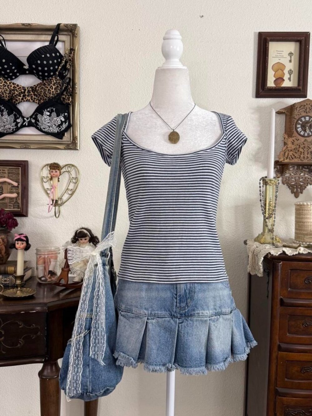 Girly grunge blue and white striped baby tee